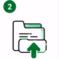 Green number 2 above a folder icon with an upload arrow indicating step two.