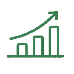 Green bar chart with an upward arrow showing increasing growth.