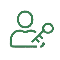 Green outline icon of a person holding a key representing user access or security.