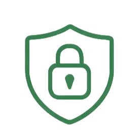 Green outline of a shield with a padlock in the center representing security.