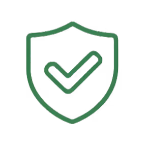 Green shield outline with a checkmark inside symbolizing security or protection.