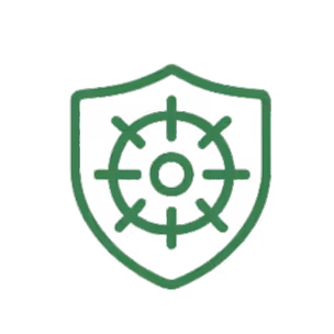 Green shield outline with a target or crosshair symbol inside it on a black background.
