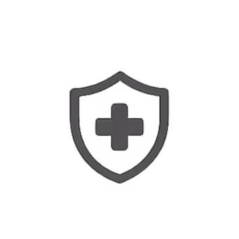 Shield icon with a medical cross symbol in the center on a black background.