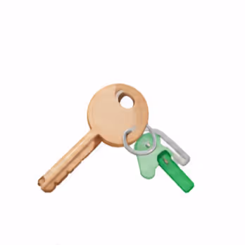 A large brass key with two smaller plastic keys on a silver keyring.