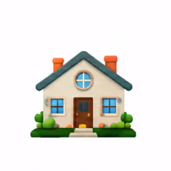 Small house with green roof, round upper window, two chimneys, and bushes around the entrance.