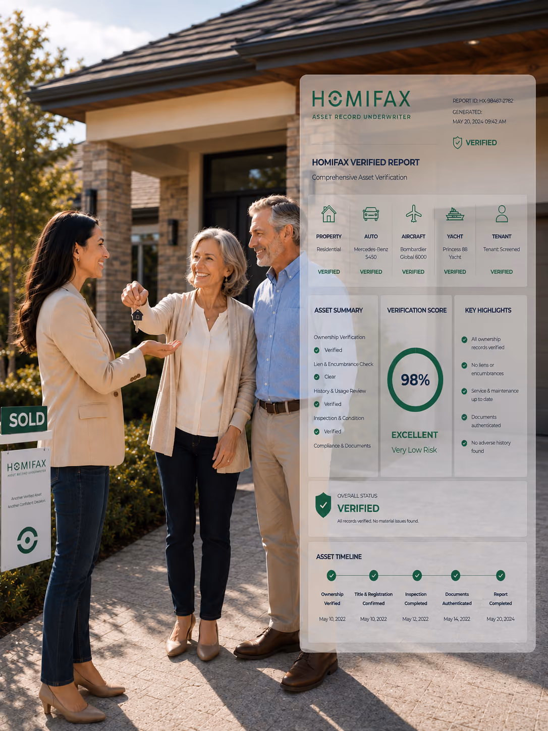 Real estate agent hands keys to happy older couple in front of sold house with verified asset report overlay.