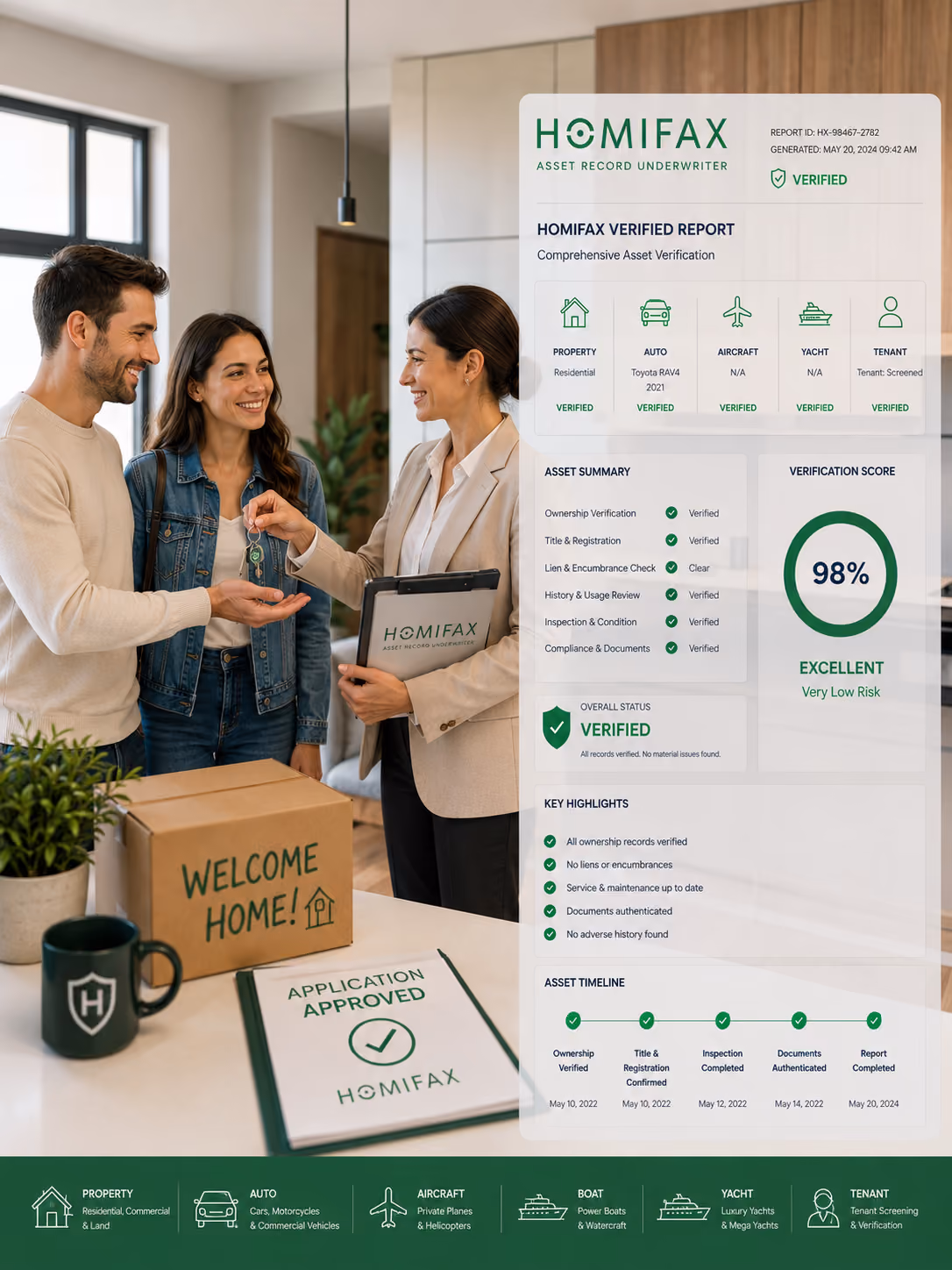 Real estate agent hands keys to smiling couple in modern home with approved application on table.