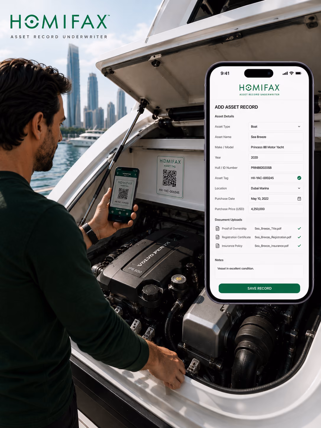 Man scans QR code on boat engine using Homifax app to add asset record with boat details on phone.