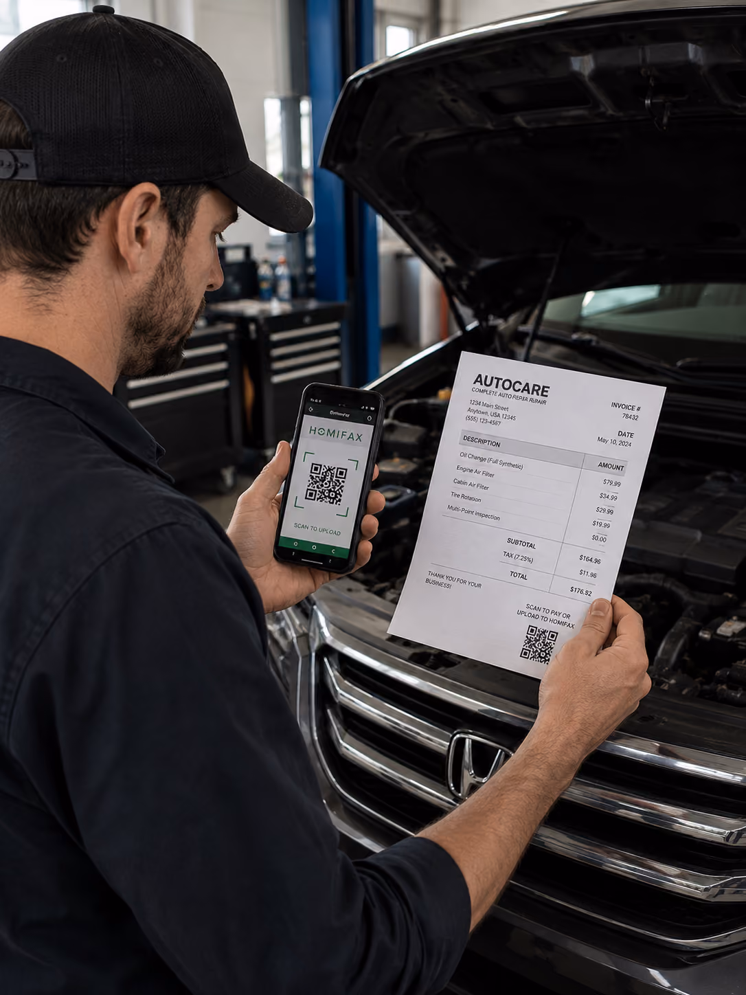 Mechanic scans a QR code on an auto repair invoice using a phone app in front of a car with its hood open.