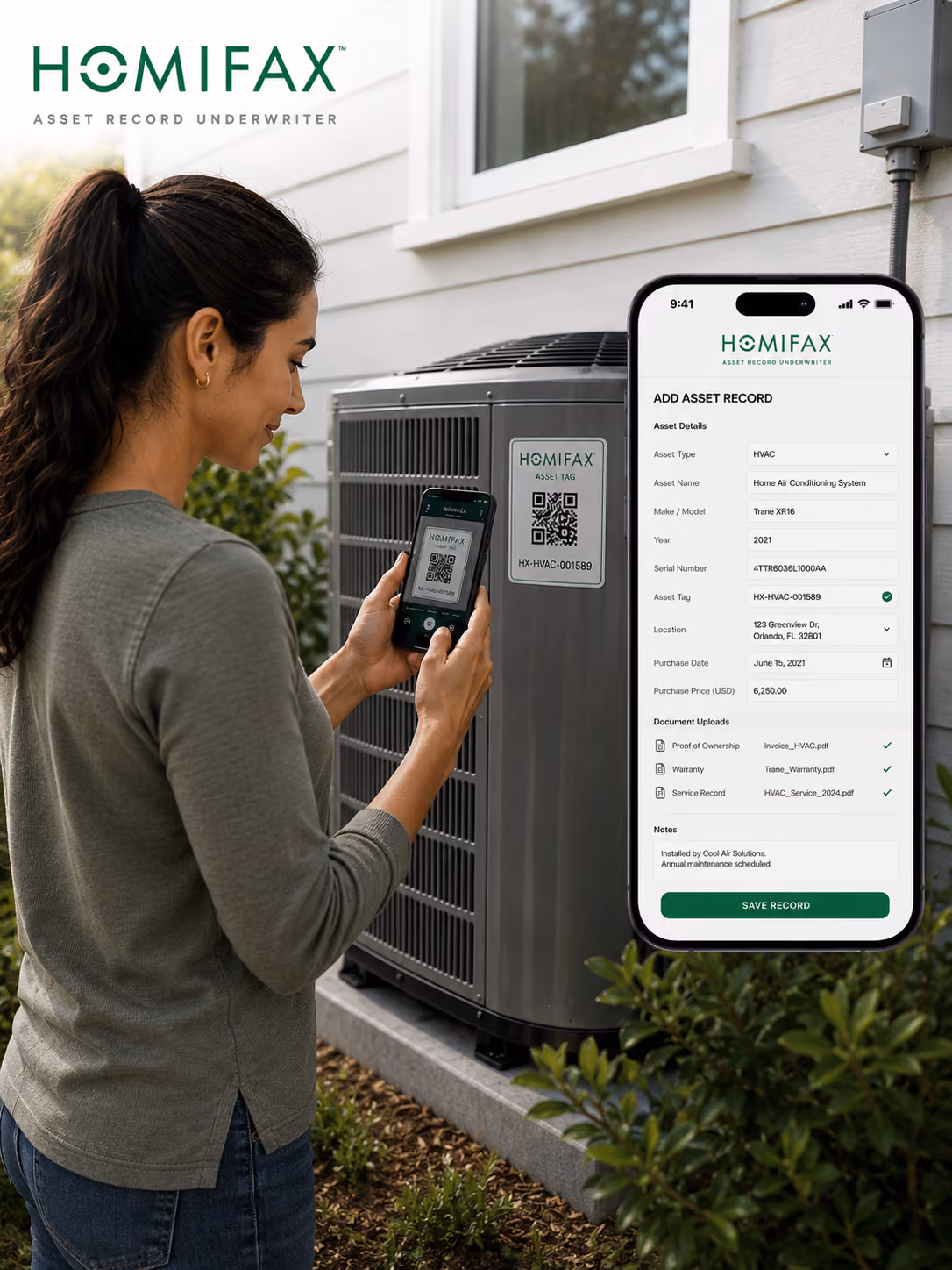 Woman scanning QR code on outdoor HVAC unit with phone showing asset record details on screen.