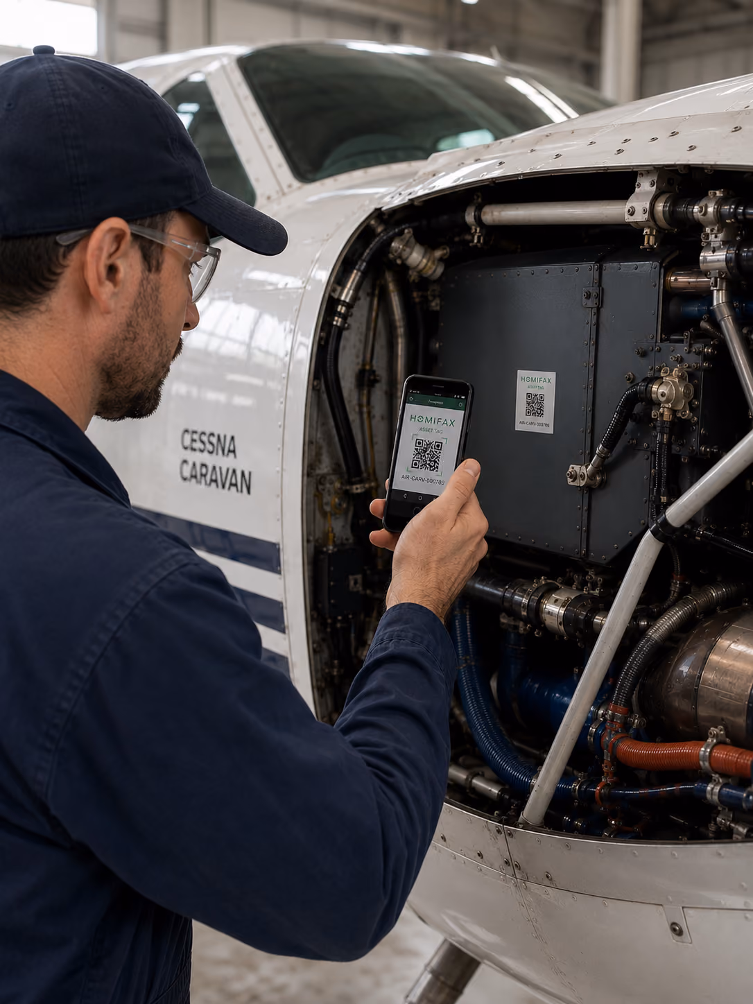 Technician scanning QR code on aircraft engine component of a Cessna Caravan using a smartphone.