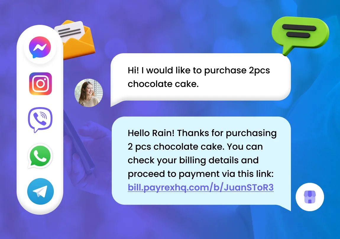 Conversation interface showing a customer ordering 2 chocolate cakes through chat, followed by an automated reply with a payment link. Messaging icons like Messenger, Instagram, Viber, WhatsApp, and Telegram appear on the left side, indicating multichannel support.