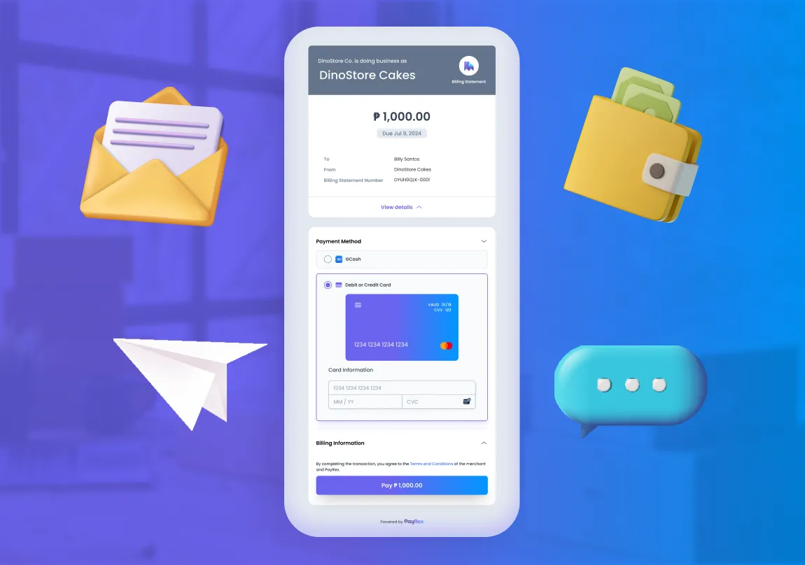 Interface with floating 3d icons like mail, ewallet, airplane paper and speech bubble. Center is a checkout interface
