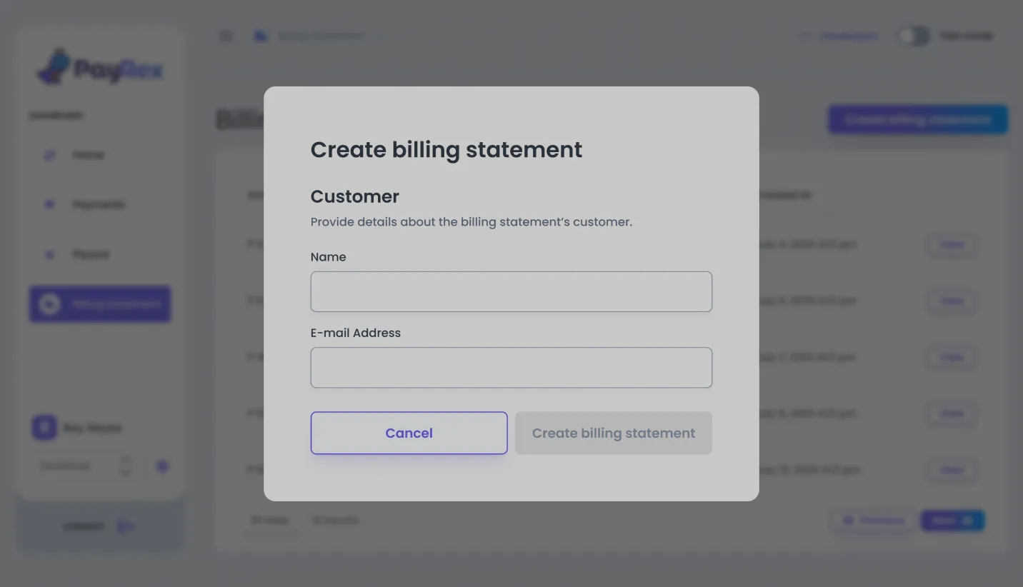 create billing statement page with form modal