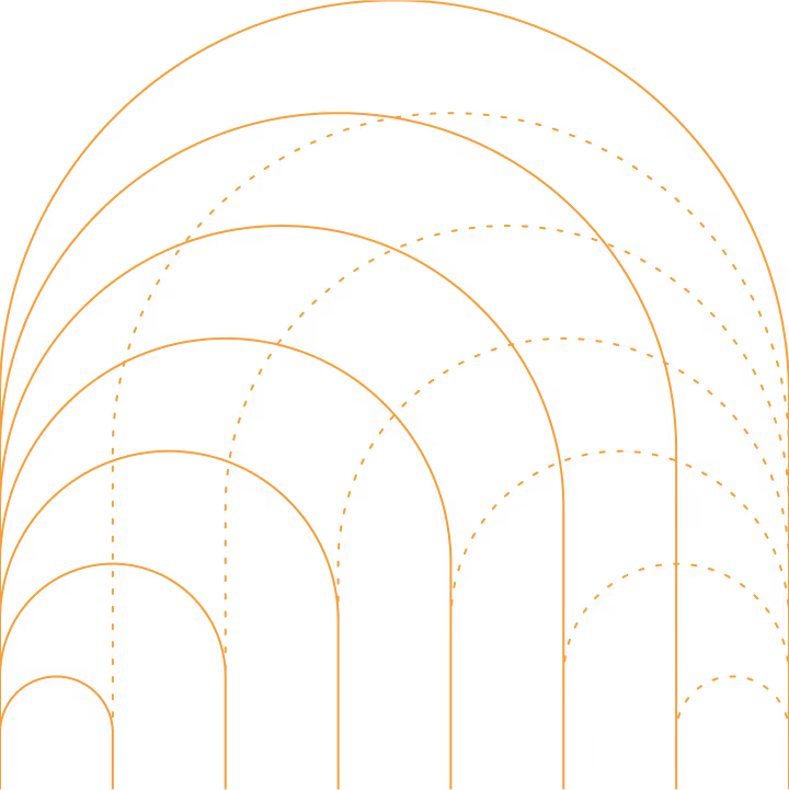 Abstract design of concentric orange arcs on a black background, symbolizing secure data collaboration by Decentriq.