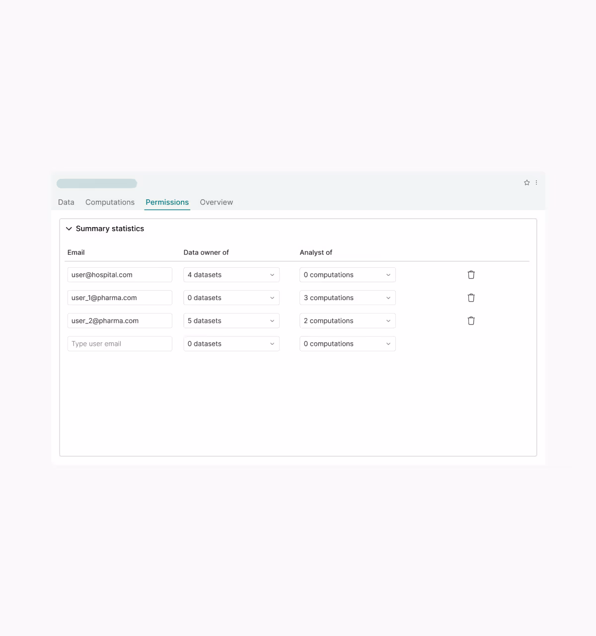 Decentriq platform dashboard showing user permissions for data access and collaboration in healthcare and pharma sectors.