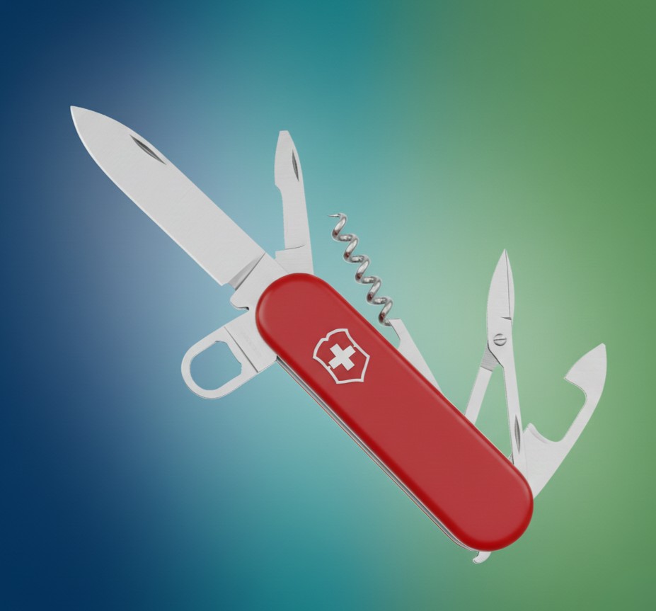 Red Swiss Army knife with multiple tools open including a large blade, small blade, corkscrew, scissors, and bottle opener.
