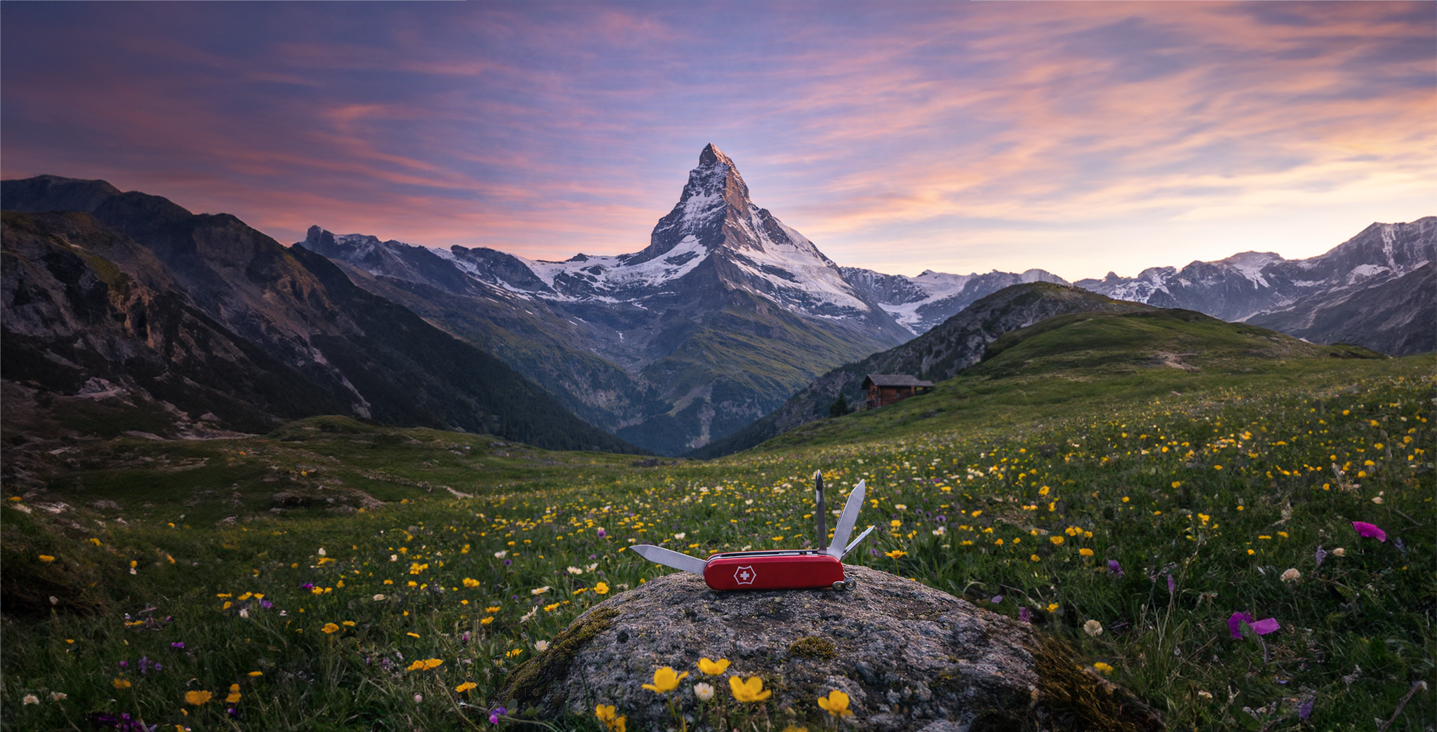 Swiss Army knife with blades opened resting on a rock in a wildflower meadow with the Matterhorn mountain at sunset in the background.