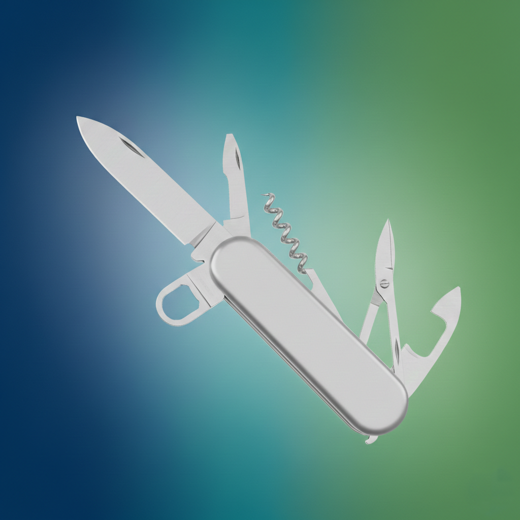 Red Swiss Army knife with multiple tools open including a large blade, small blade, corkscrew, scissors, and bottle opener.