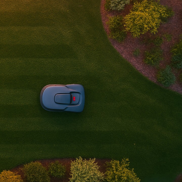 A robotic lawn mower cutting grass near landscaped bushes, viewed from above.