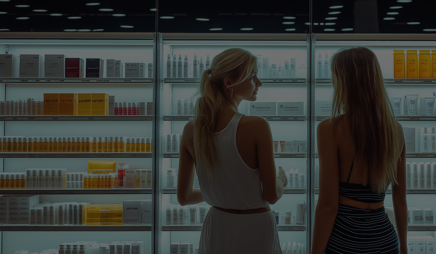 Two women browsing skincare products displayed on backlit shelves in a store.