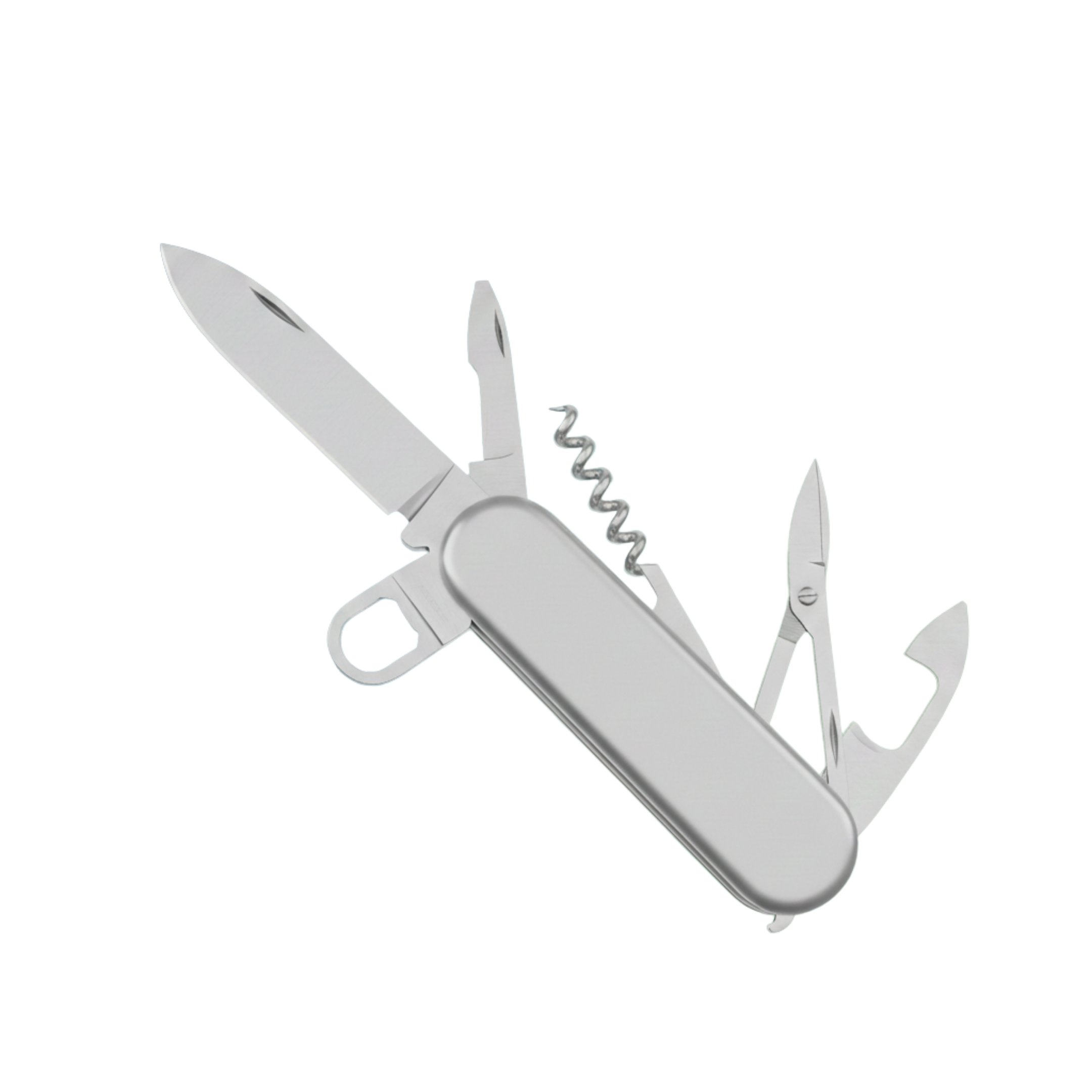 Silver multi-tool pocket knife with various tools extended including a large blade, smaller blade, scissors, corkscrew, and bottle opener.