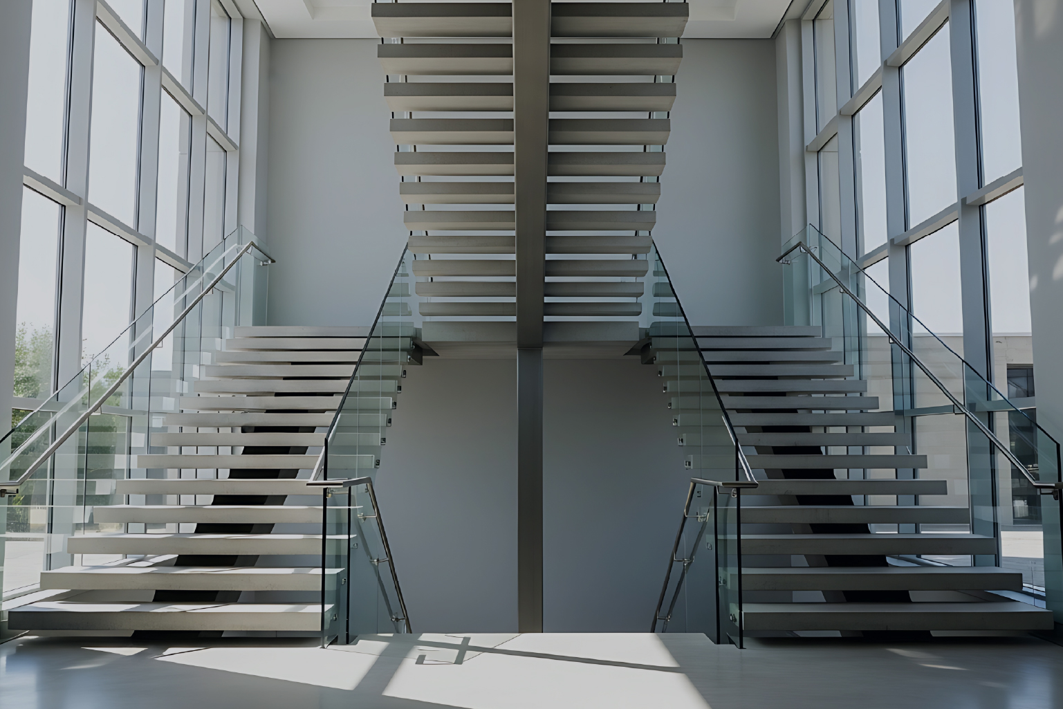 Modern interior featuring a symmetrical floating staircase with glass railings, large windows on both sides, and sunlight casting shadows on the floor.