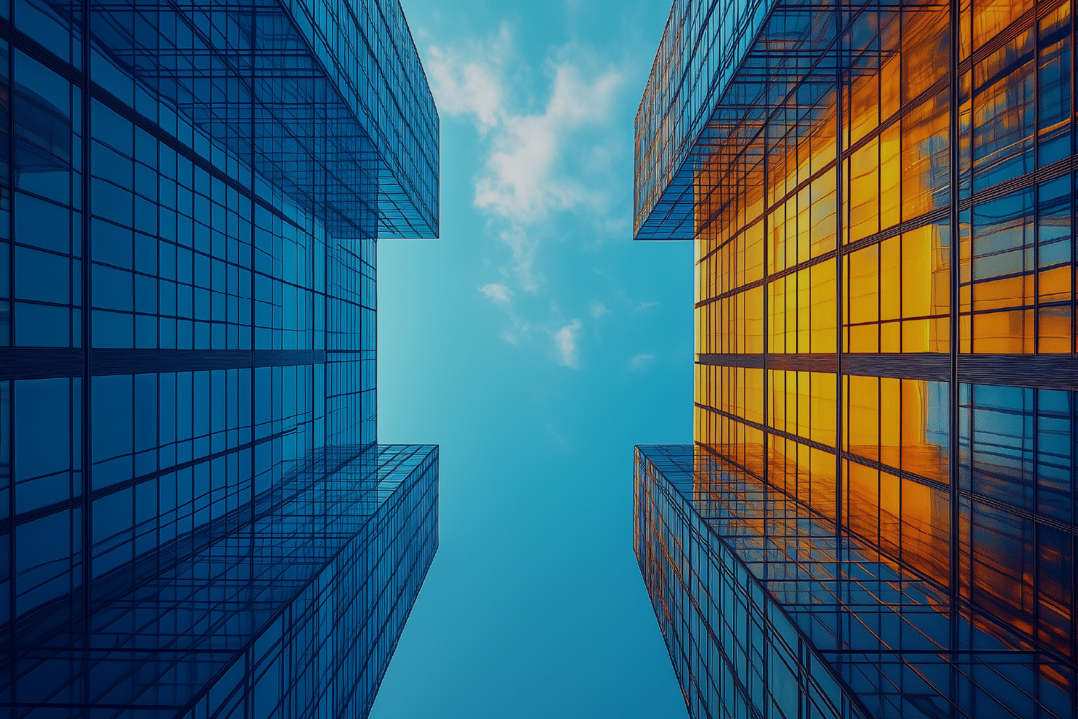 View looking up between two modern skyscrapers with blue and orange reflective glass windows against a bright blue sky with some clouds.