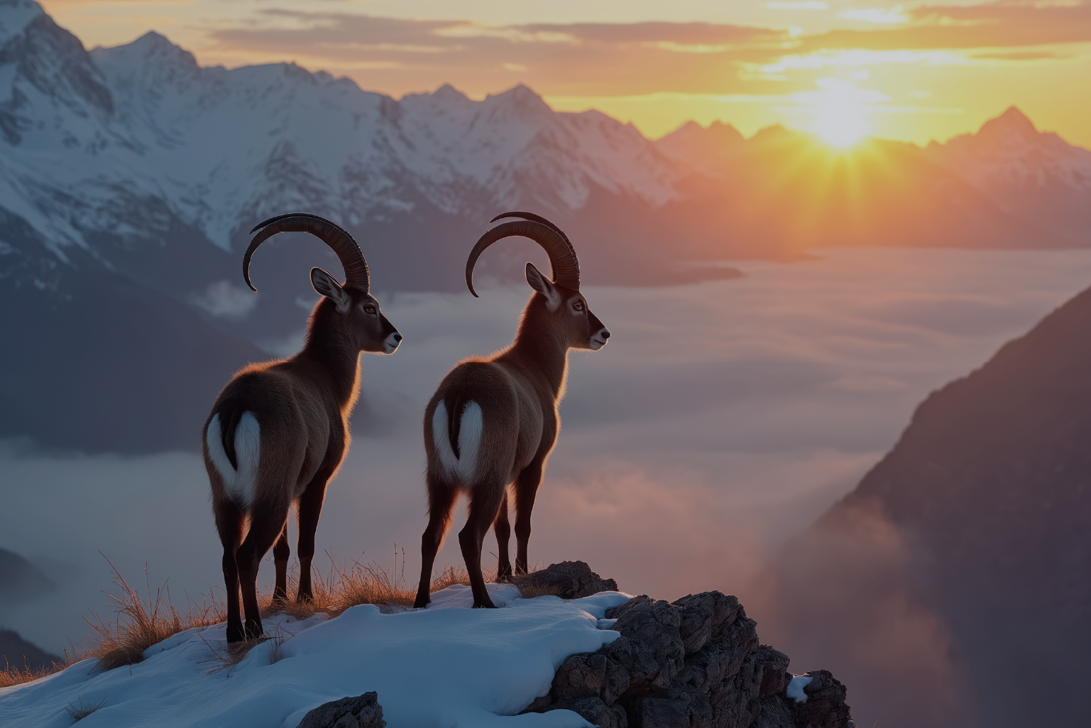 Two mountain goats with curved horns standing on a snowy rocky ledge overlooking a fog-covered valley at sunset with snow-capped peaks in the background.