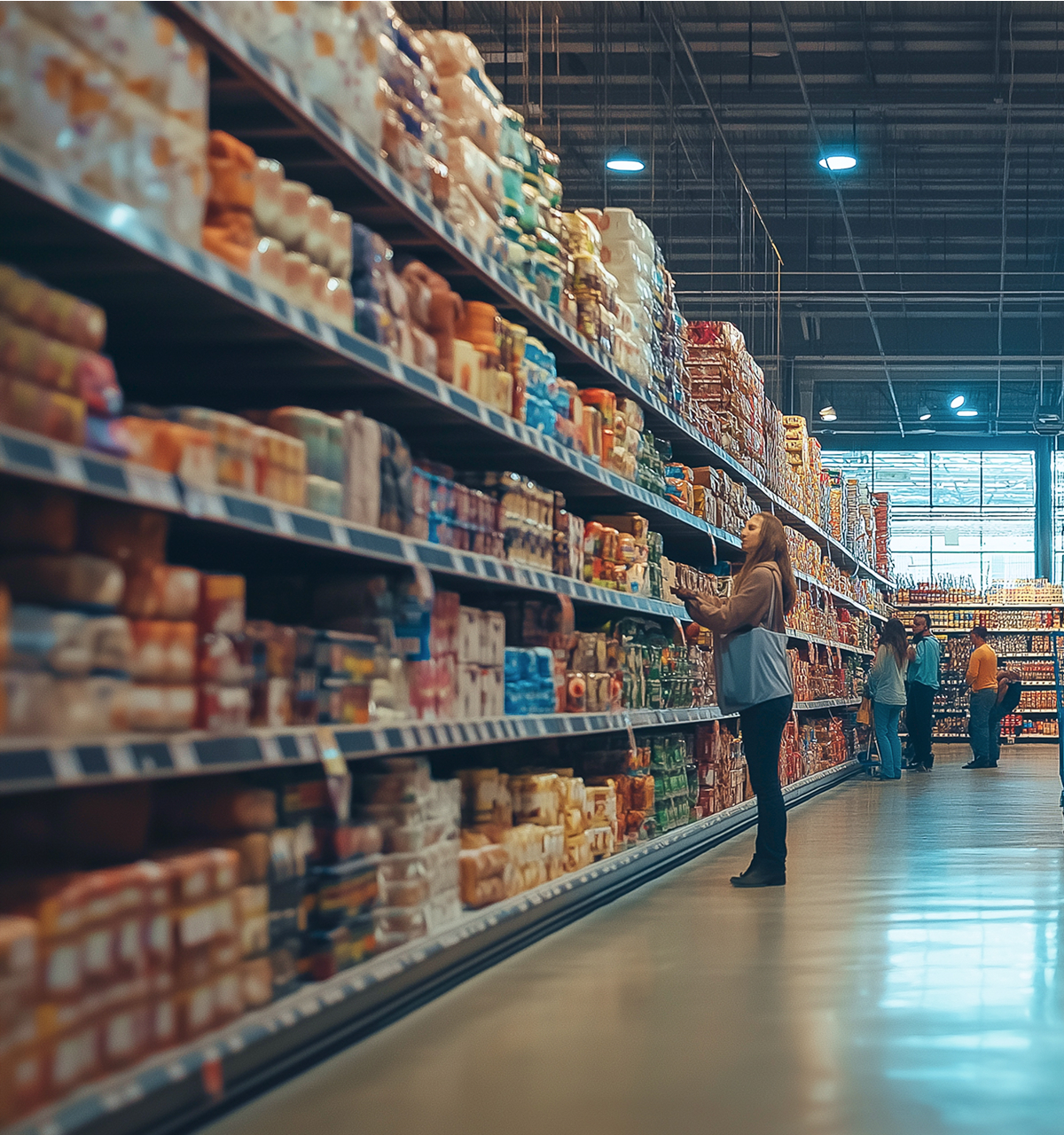 Several people shopping in a well-lit supermarket aisle lined with fully stocked shelves containing various packaged goods and food items, with one woman standing close to a shelf holding a product while other shoppers browse further down the aisle.