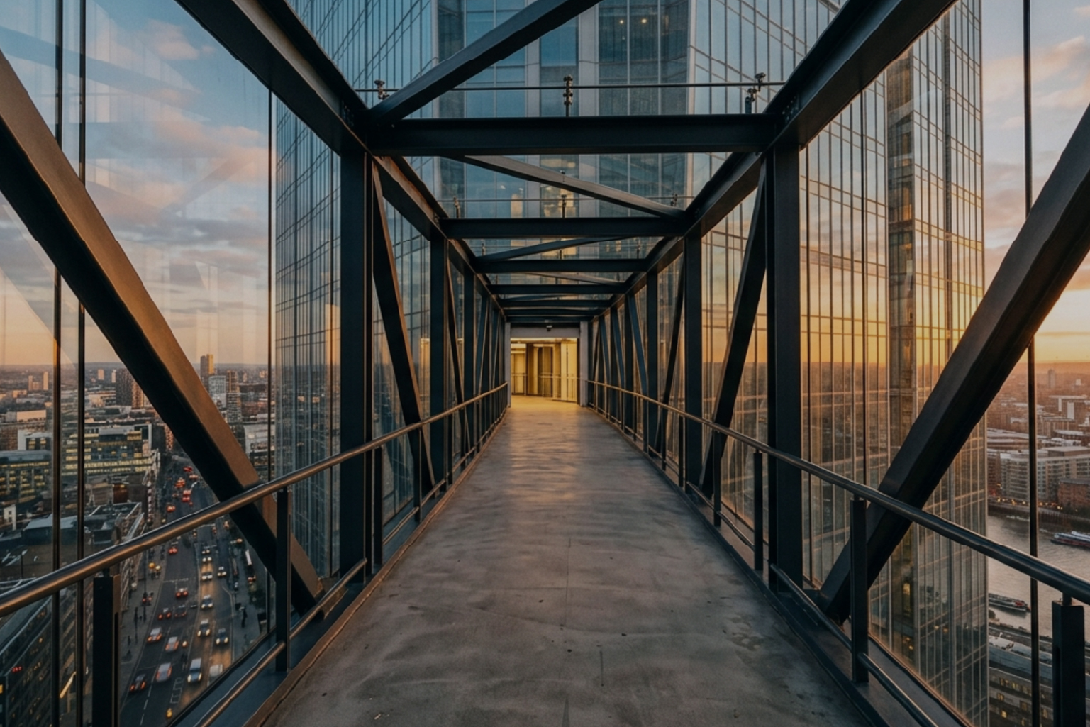 Interior of a glass skyscaper hallway at sunset