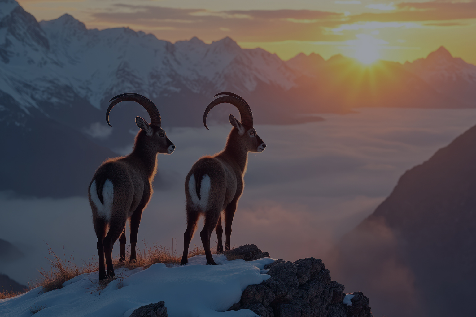 Two mountain goats with curved horns standing on a snowy rocky ledge overlooking a fog-covered valley at sunset with snow-capped peaks in the background.
