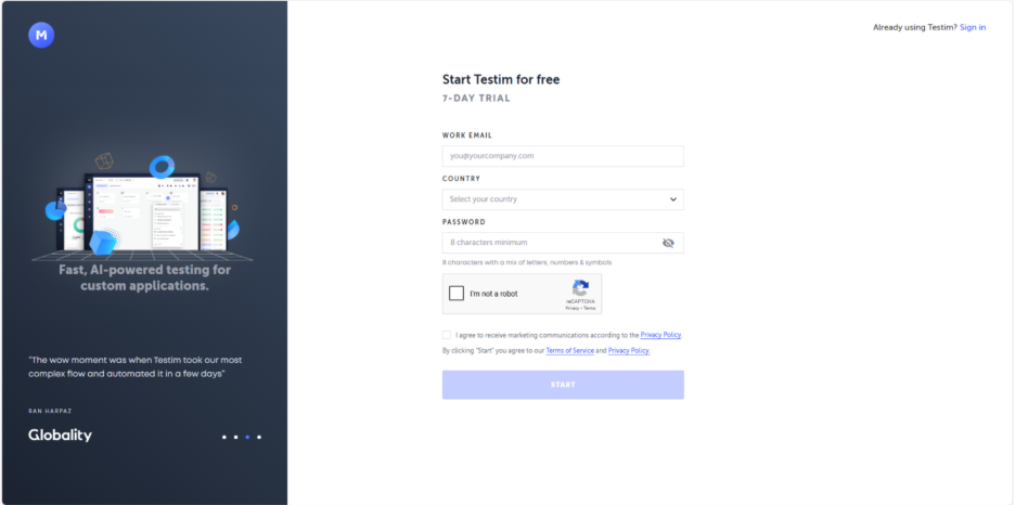 Testim Signup Page