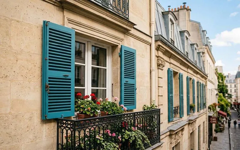 Volets bois bleus rénovés sur une façade fleurie