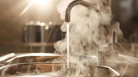 Un robinet laisse couler de l’eau bouillante dans un évier, dégageant beaucoup de vapeur.