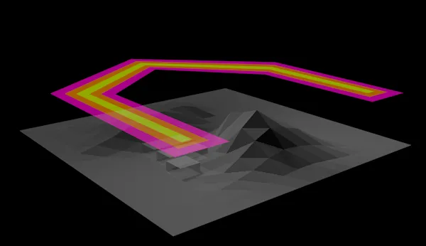3D Illustration eines Drohnenflugkorridors mit Flight Geography, Contingency Volume und Ground Risk Buffer
