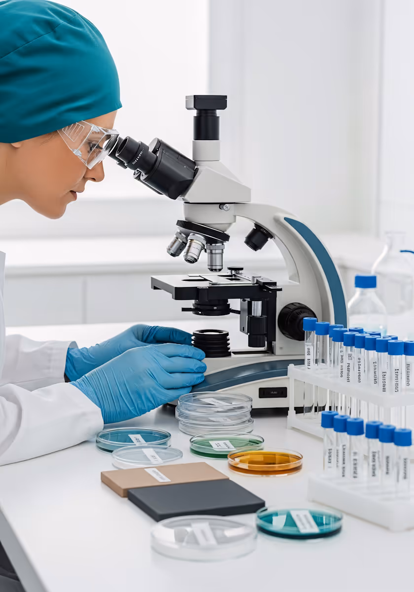 Scientist analyzing cell samples under a microscope in a regenerative medicine research laboratory.