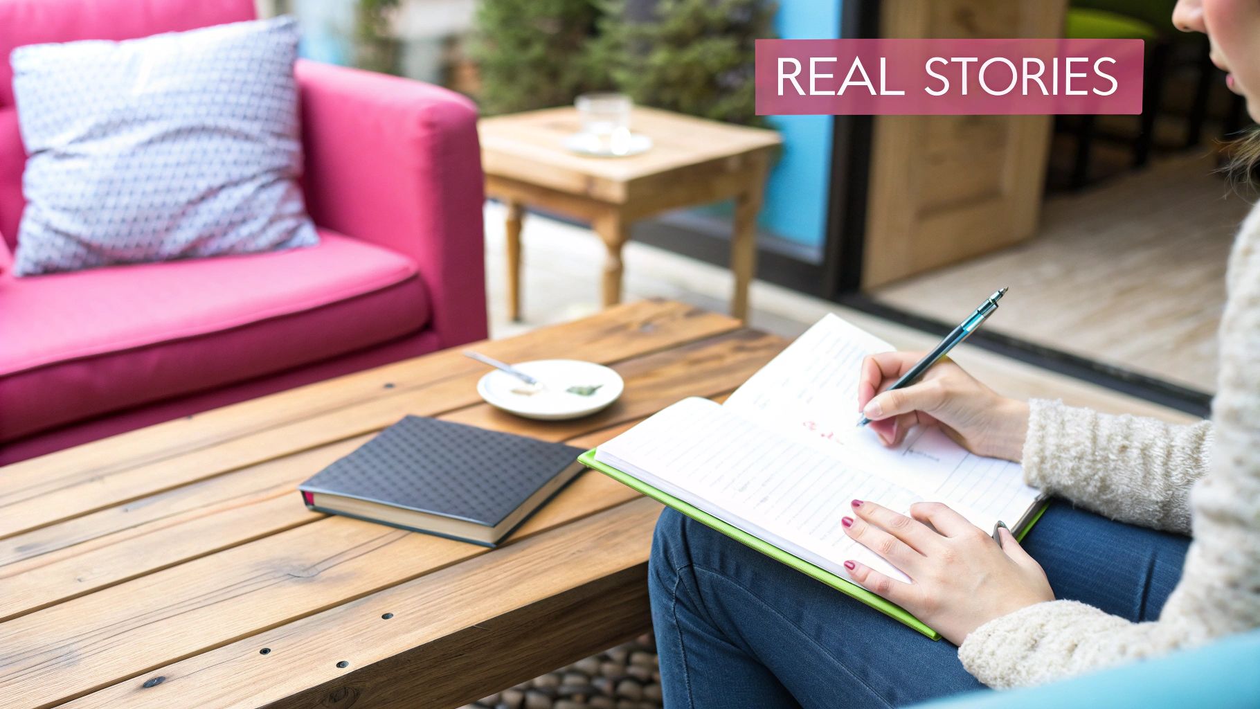 A person writing a story in a notebook, symbolizing The Personal Story Introduction