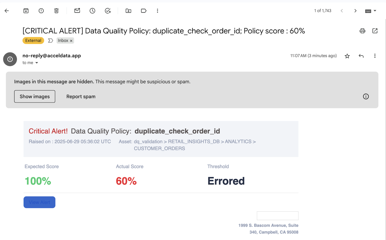Acceldata Data Quality Policy Alert