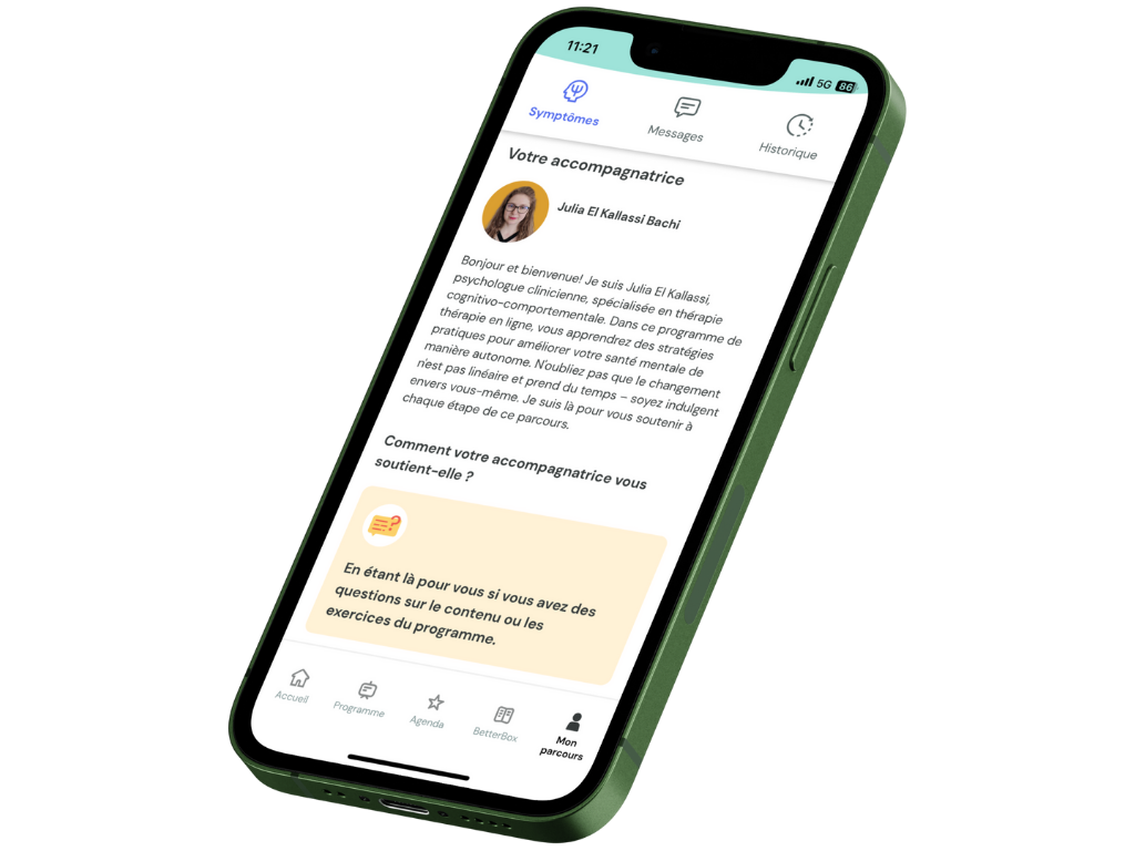 Ecran de l'application mobile HelloBetter insomnie présentant la psychologue chargée de la supervision des patients suivant la thérapie numérique pour l'insomnie (TCC-I)