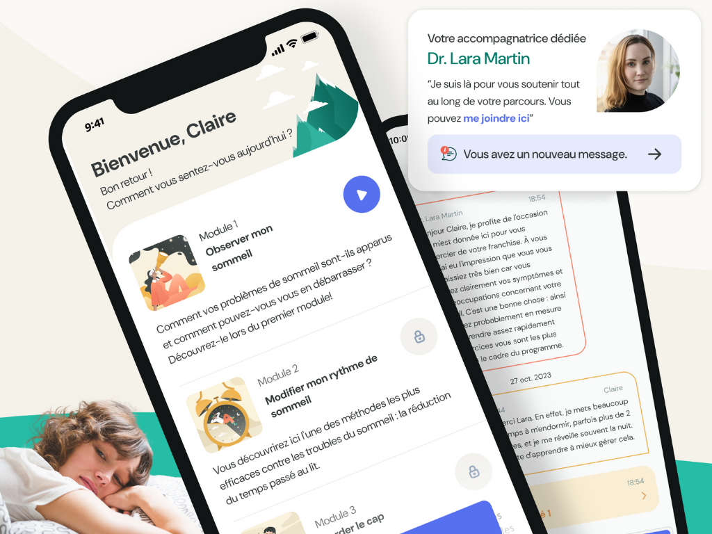 Exemples d'écran de l'application HelloBetter insomnie, thérapie numérique sur ordonnance 