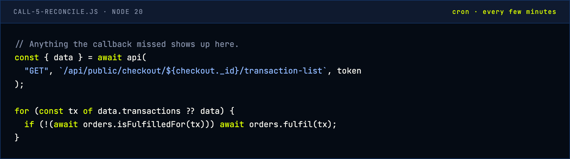 Node.js example: reconciling a checkout by listing its transactions and fulfilling anything the callback missed