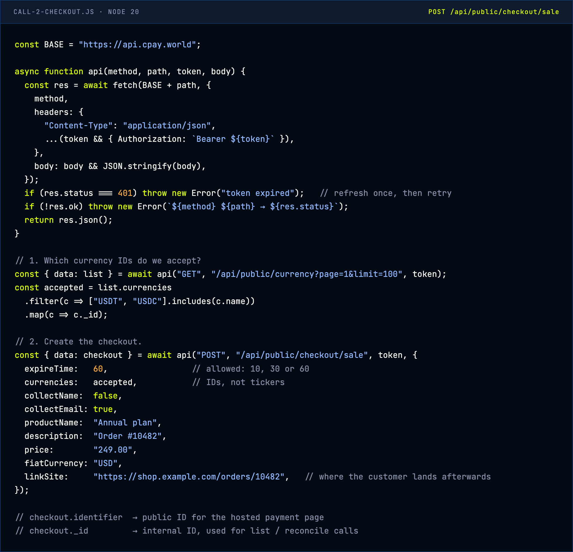 Node.js example: fetching currency IDs and creating a sale checkout via POST /api/public/checkout/sale