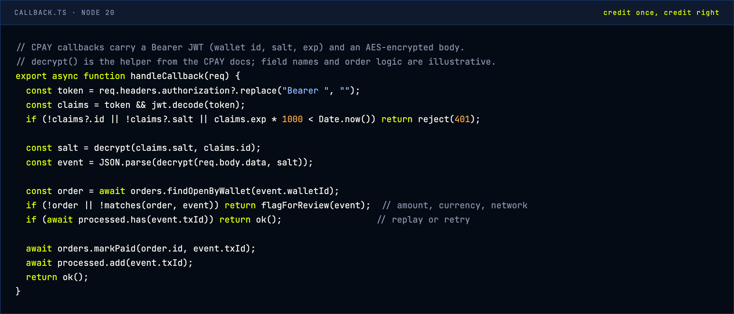 Example callback handler that checks the token, decrypts the body, matches the order and processes each transaction once