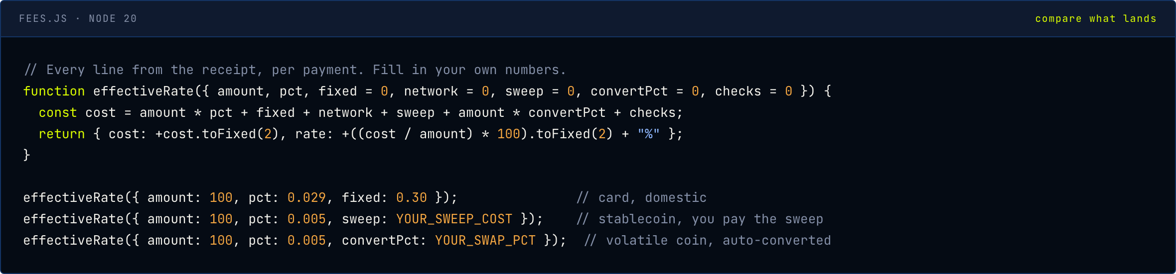 JavaScript effective-rate calculator that adds processing, network, sweep, conversion and compliance costs per payment