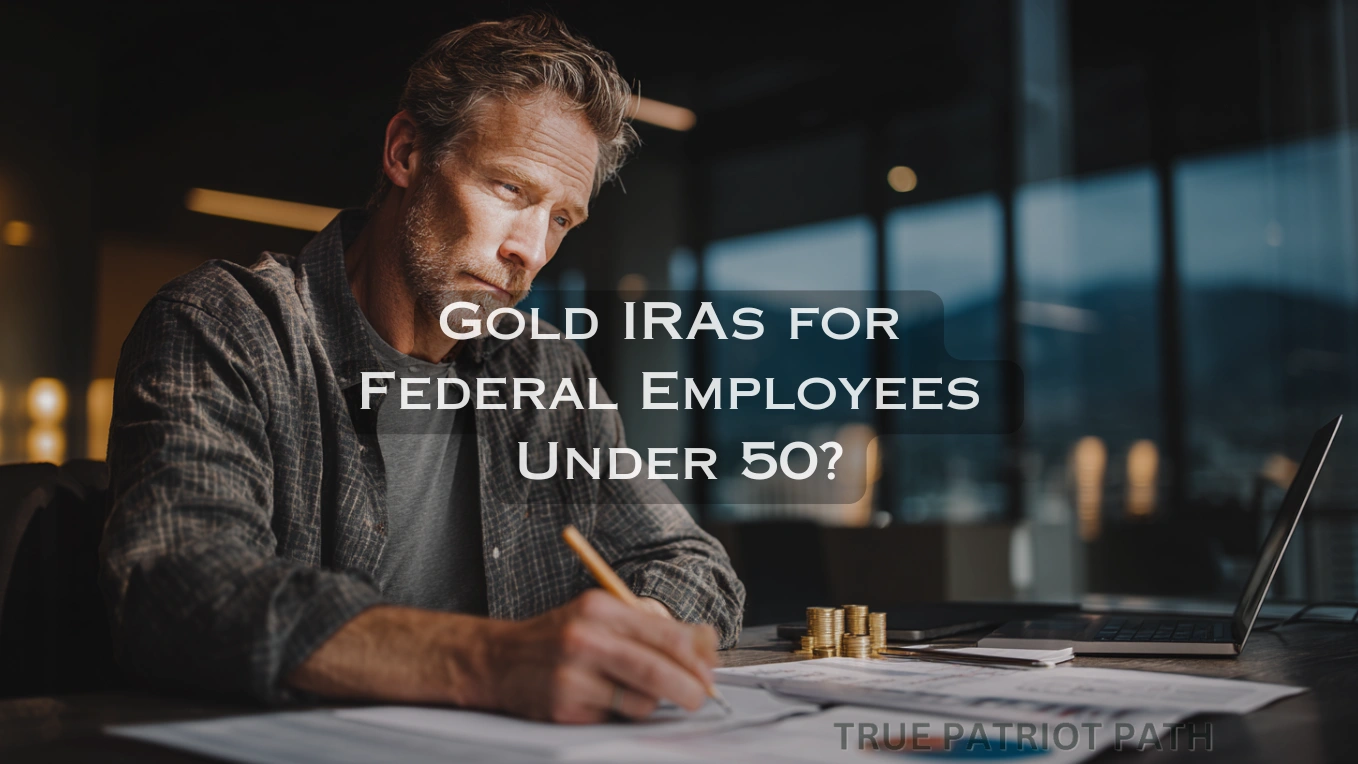 Mid-career federal employee in technical role reviewing TSP diversification and gold IRA allocation analysis with financial documents