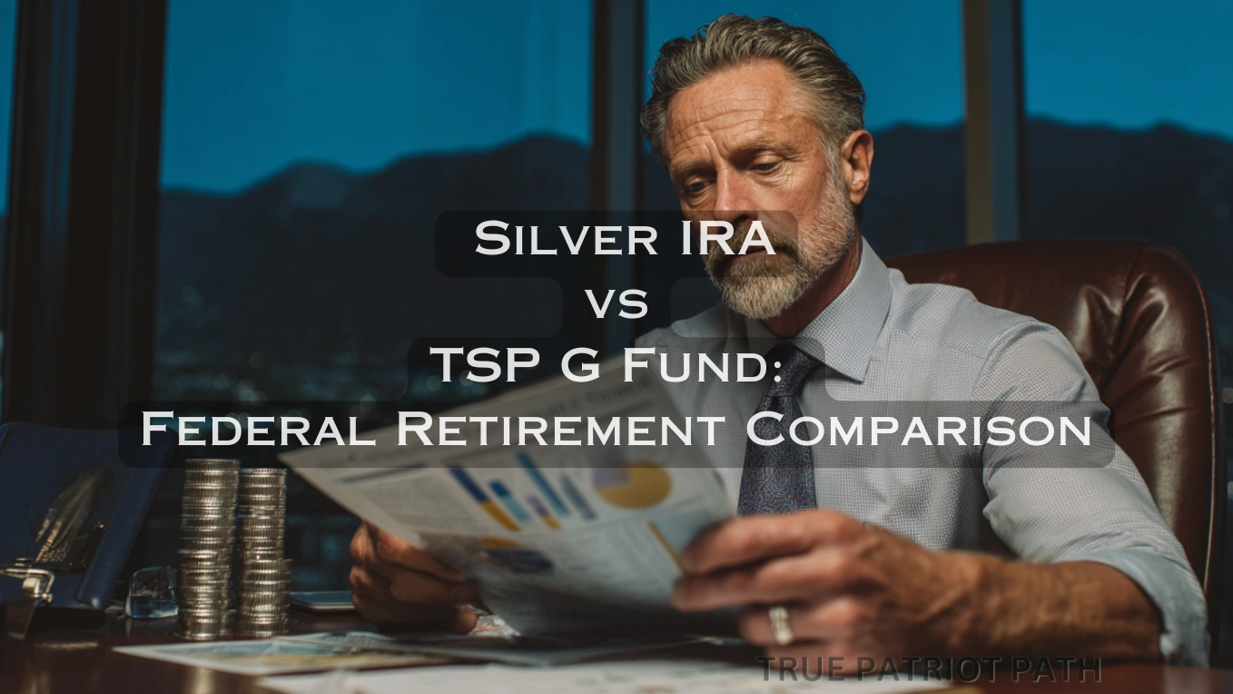 Federal employee comparing TSP G Fund and silver IRA cost and performance data at desk