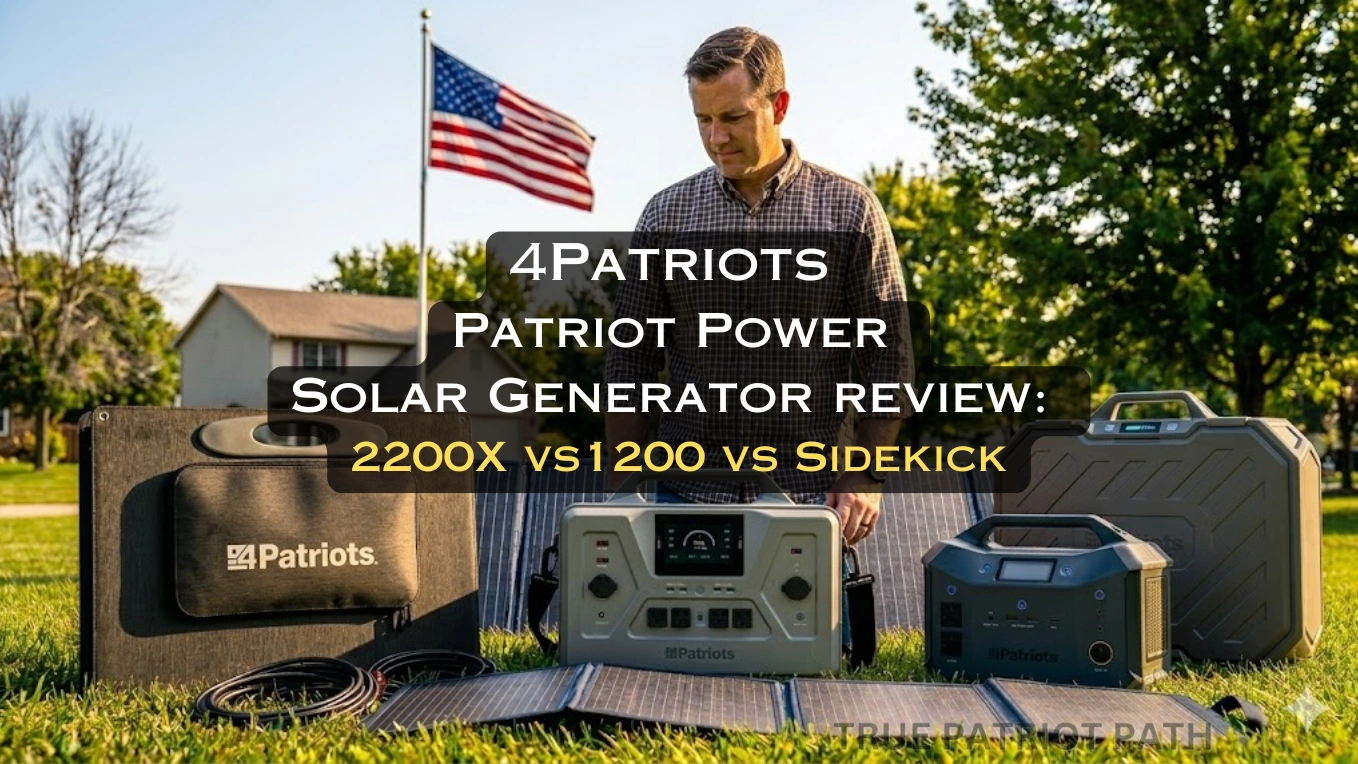 4Patriots Patriot Power solar generators displayed outdoors with solar panels, including the 2200X, 1200, and Sidekick models.