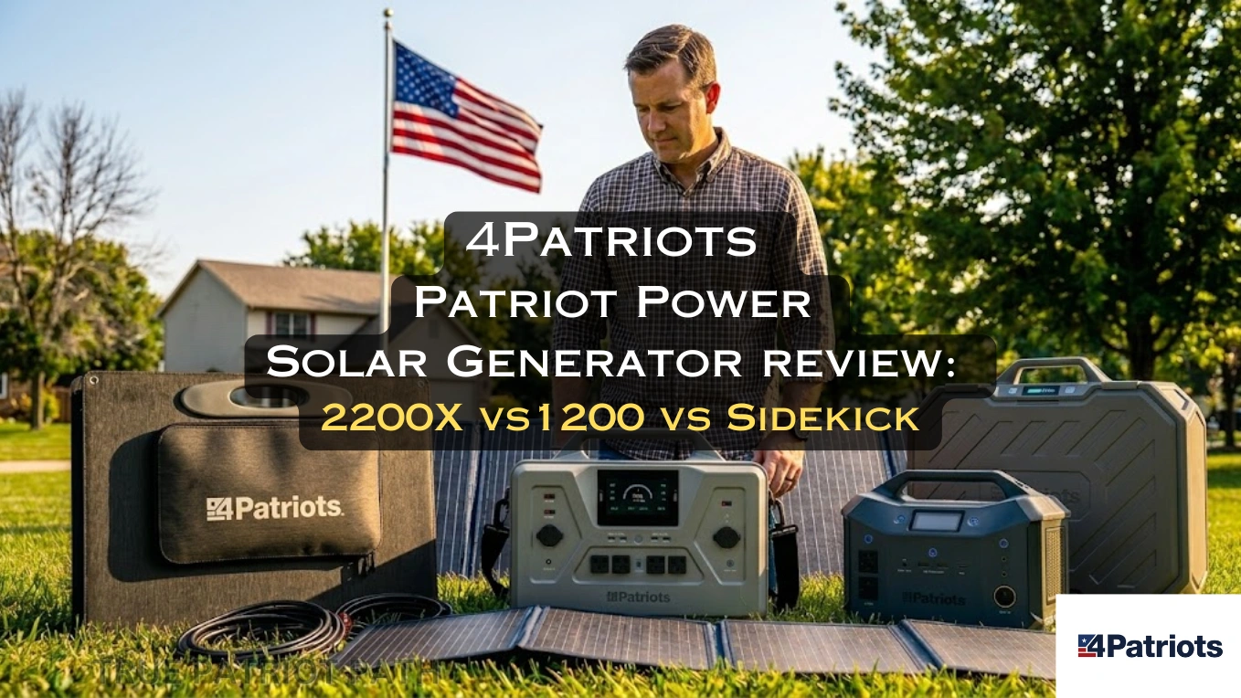 4Patriots Patriot Power solar generators displayed outdoors with solar panels, including the 2200X, 1200, and Sidekick models.