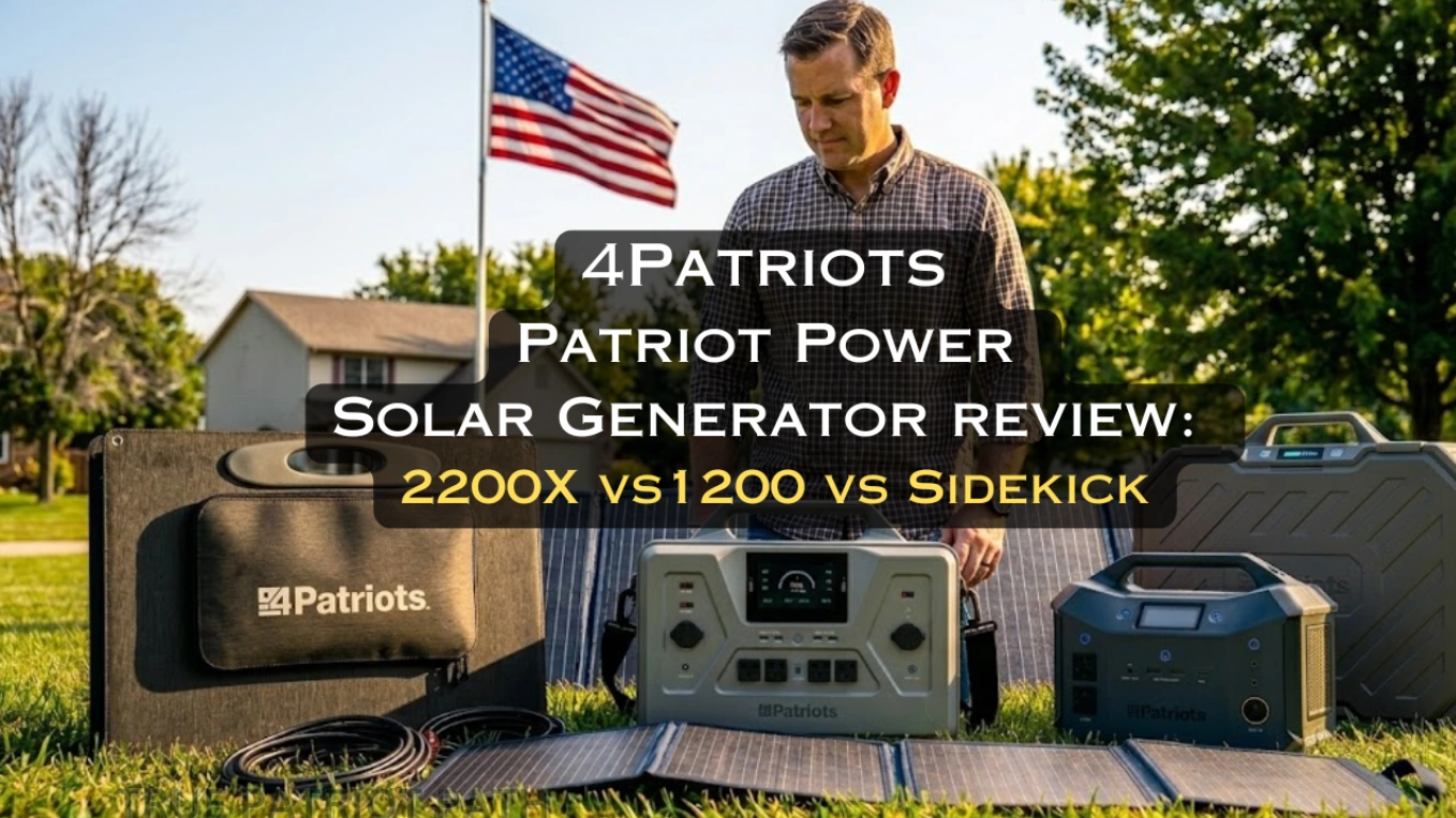  4Patriots Patriot Power Solar Generator product display outside home of American male with US flag pole in background.